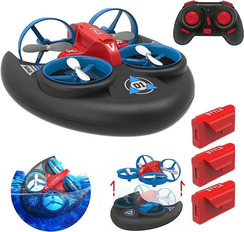 AIROKA 3 In 1 Sea Land and Air 360° Rolling Waterproof RC Drone, Four Axis Aircraft High Speed Drift Cars RC Foam Boat Toys,For Beginners and gift to Boys and Girls(red) - Image 1